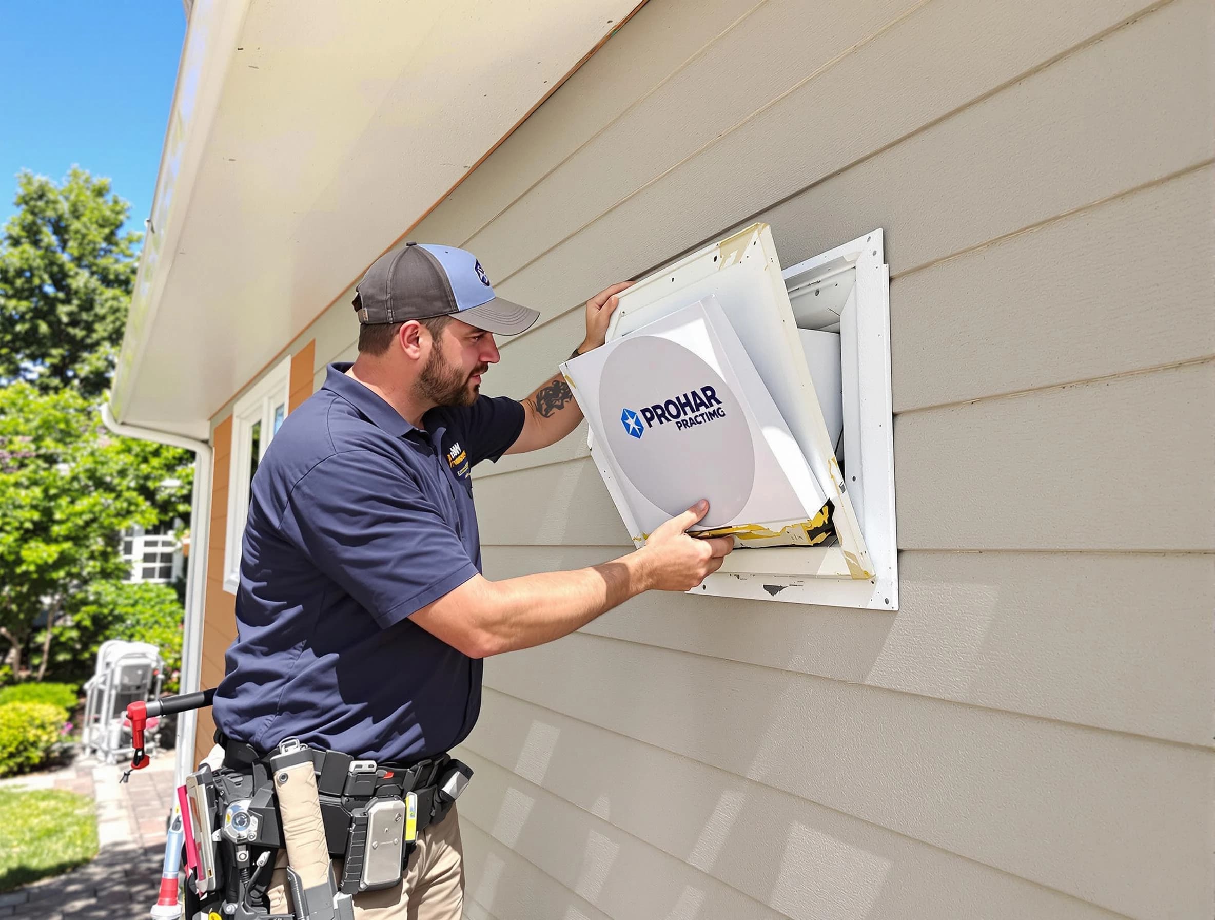 Clanton Dryer Vent Cleaning technician installing a new protective dryer vent cover on a home in Clanton