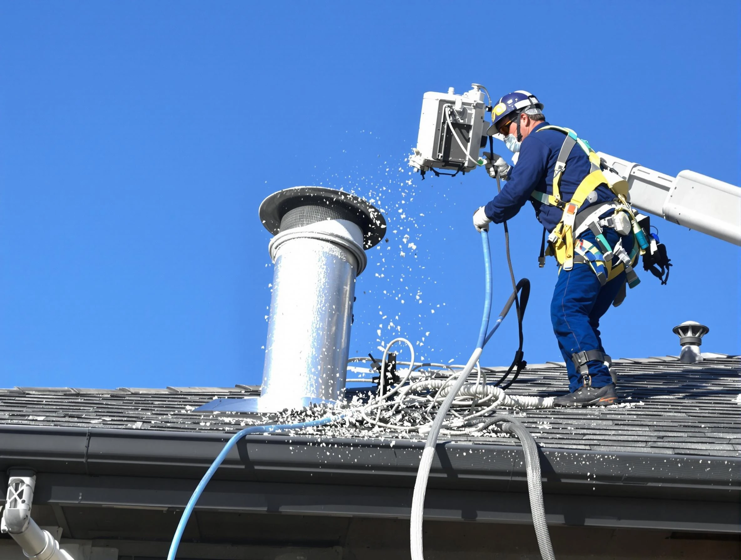 Clanton Dryer Vent Cleaning certified technician safely cleaning a roof-mounted dryer vent in Clanton