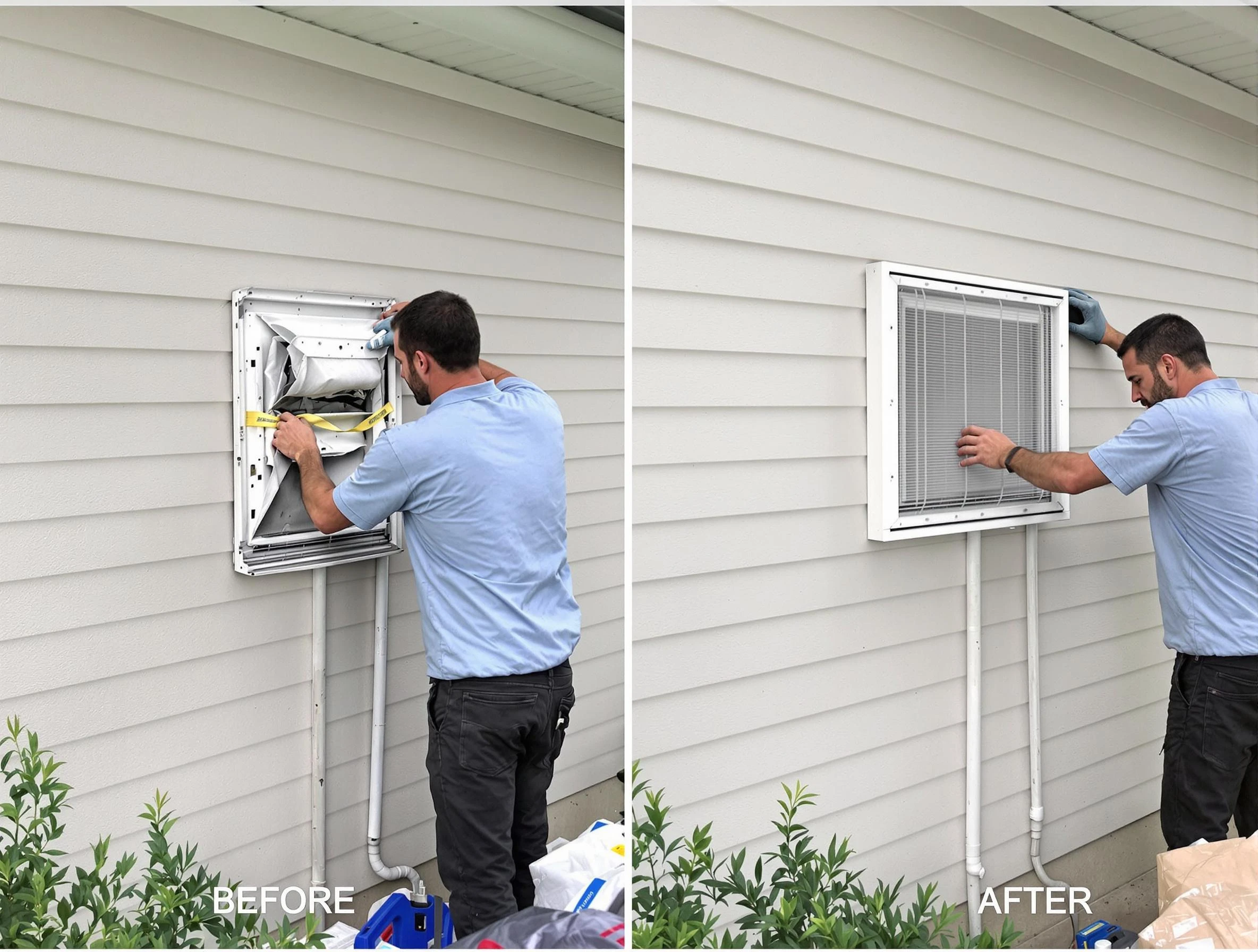 Clanton Dryer Vent Cleaning technician installing high-quality dryer vent cover at a residential property in Clanton